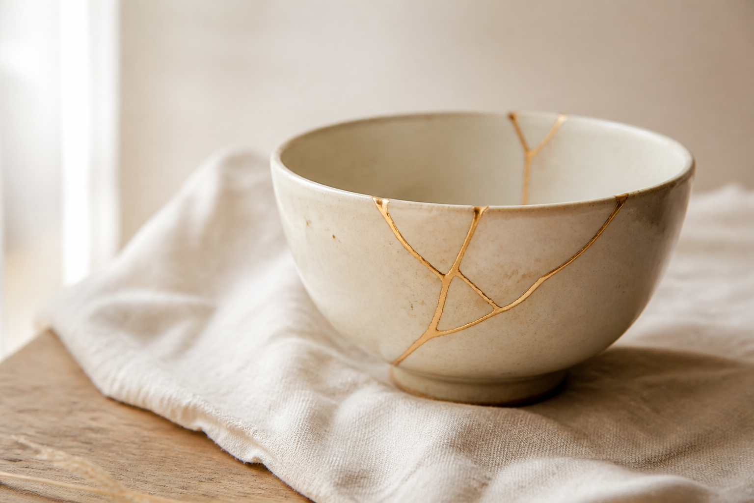 Céramique réparée selon l’art du kintsugi, veines dorées sur porcelaine ivoire